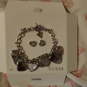 Guess Silver Heart Charm Bracelet Along With Earrings NWOT